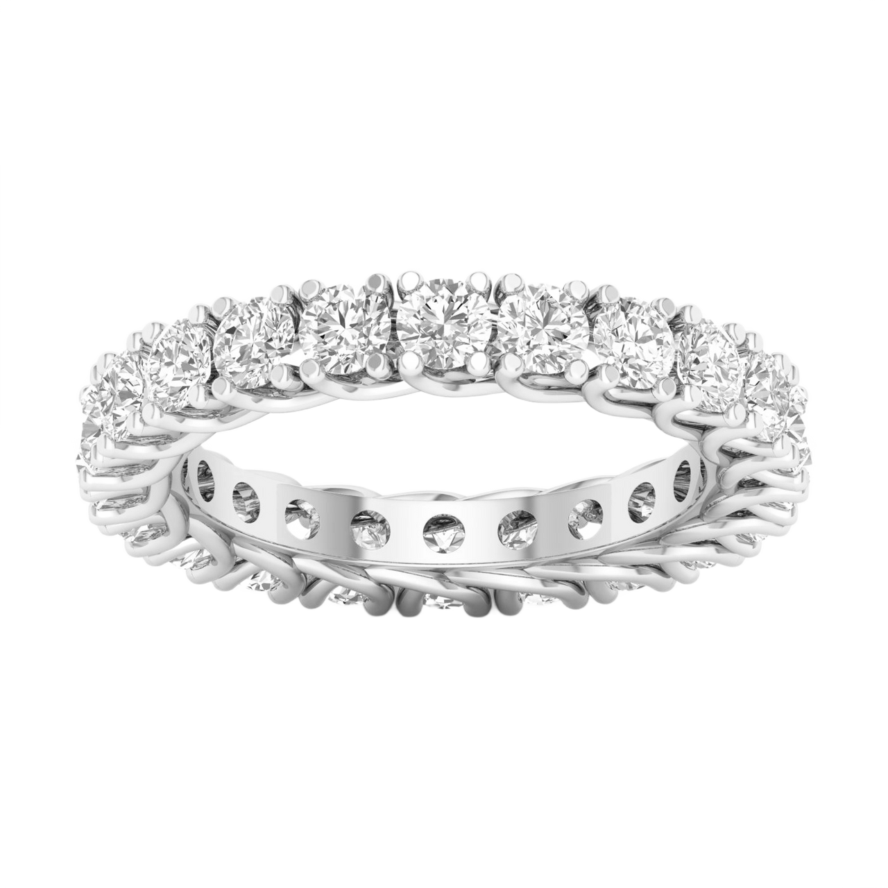 A brilliant 14k white gold eternity ring showcasing a continuous circle of premium round-cut diamonds in a modern twist-prong setting.