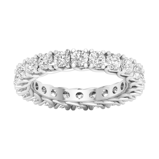 A brilliant 14k white gold eternity ring showcasing a continuous circle of premium round-cut diamonds in a modern twist-prong setting.