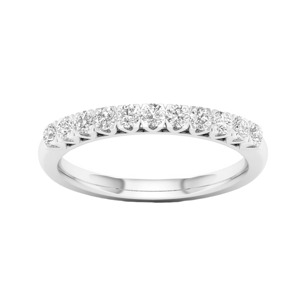 A refined 14k white gold half eternity ring showcasing a shimmering row of premium round-cut lab-grown diamonds.