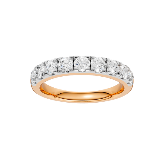 A top-down view of a 14K rose gold band ring with a continuous line of brilliant rectangular diamonds.