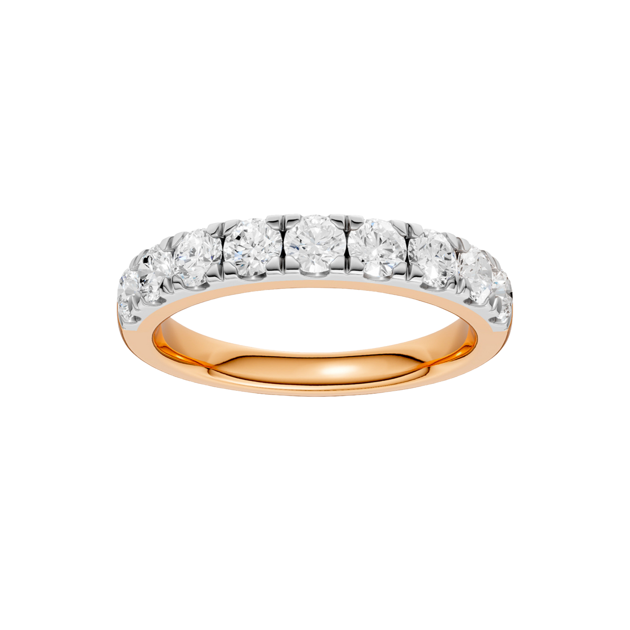 A top-down view of a 14K rose gold band ring with a continuous line of brilliant rectangular diamonds.