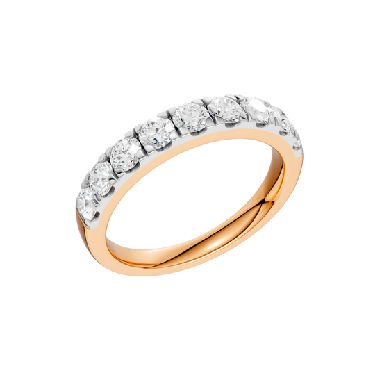 An angled view of a 14K rose gold ring, showcasing the continuous sparkle of the rectangular diamonds.