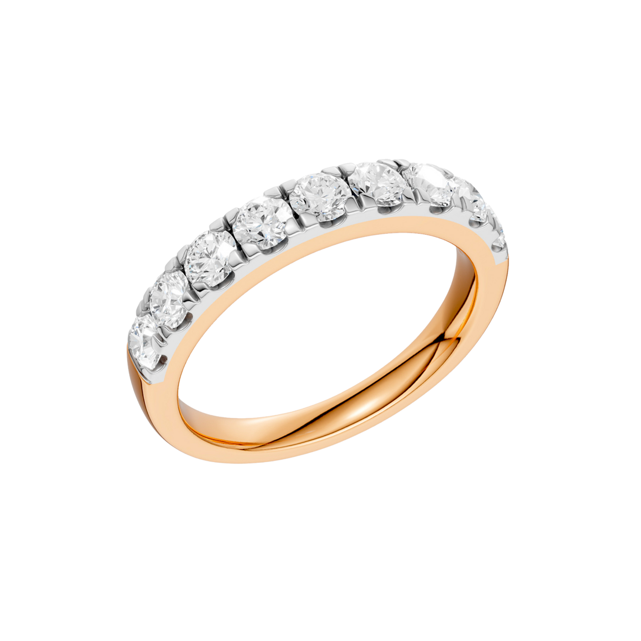 An angled view of a 14K rose gold ring, showcasing the continuous sparkle of the rectangular diamonds.