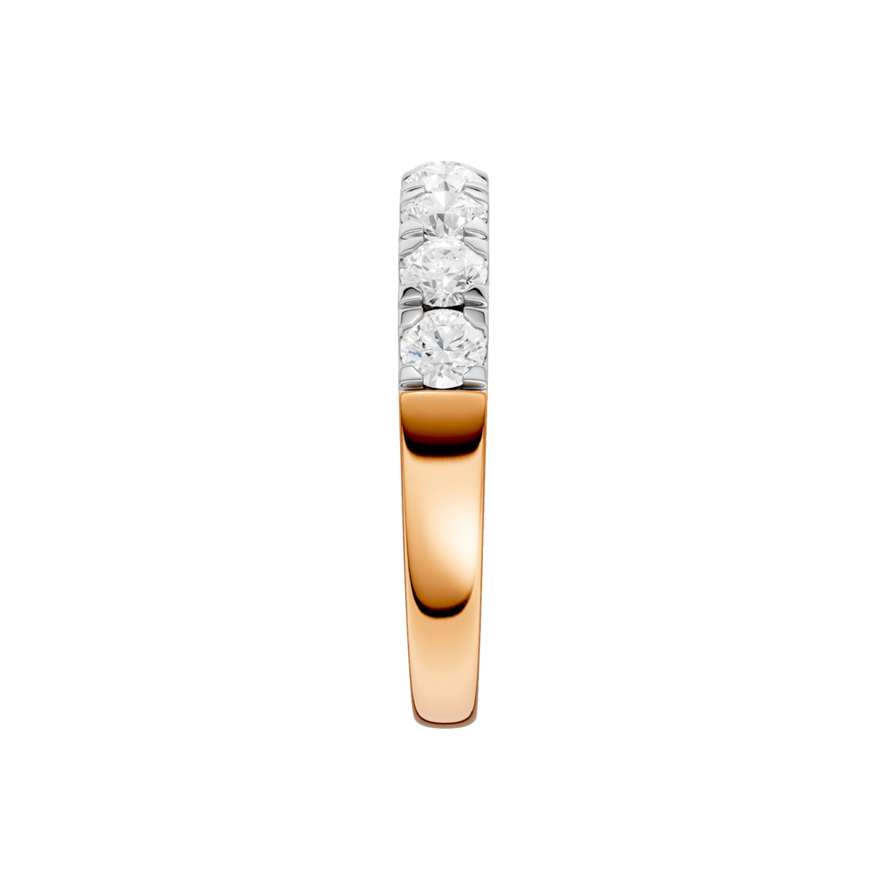 A side-profile view of a 14K rose gold ring, showing the elevated setting of the diamonds.