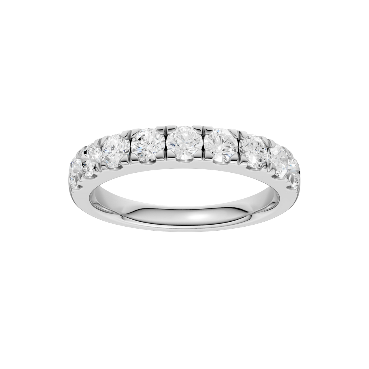 A top-down view of a 14K white gold band ring with a continuous line of brilliant rectangular diamonds.