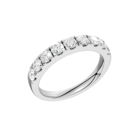 An angled view of a 14K white gold ring, showcasing the continuous sparkle of the rectangular diamonds.