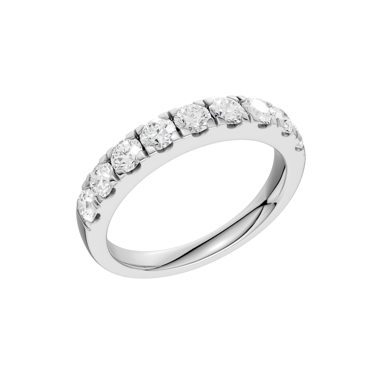An angled view of a 14K white gold ring, showcasing the continuous sparkle of the rectangular diamonds.