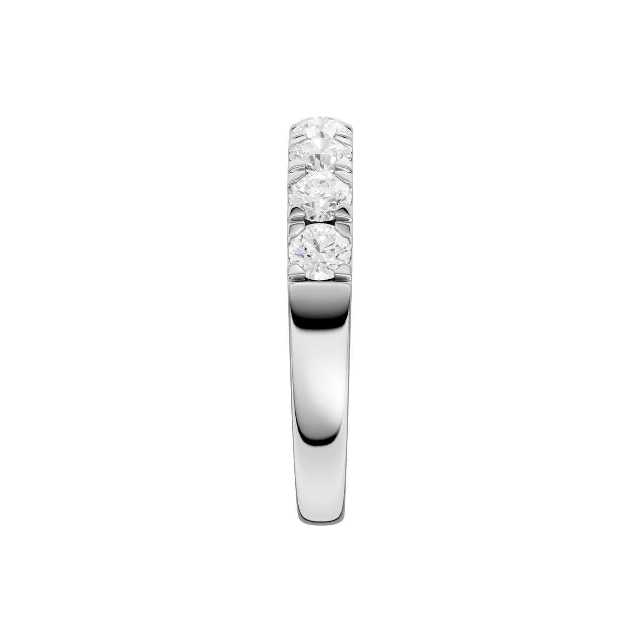 A side-profile view of a 14K white gold ring, showing the elevated setting of the diamonds.