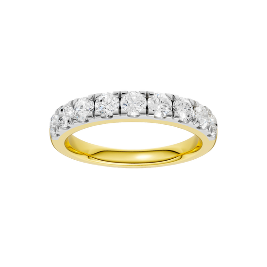 A top-down view of a 14K yellow gold band ring with a continuous line of brilliant rectangular diamonds.