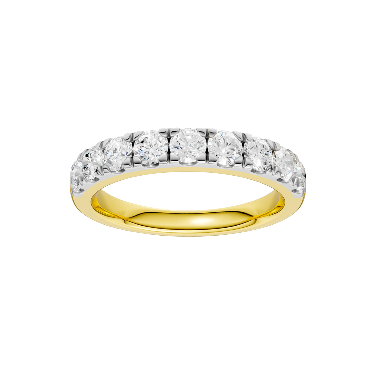 A top-down view of a 14K yellow gold band ring with a continuous line of brilliant rectangular diamonds.