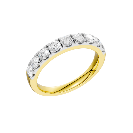 An angled view of a 14K yellow gold ring, showcasing the continuous sparkle of the rectangular diamonds.
