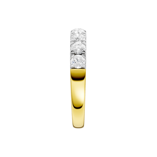 A side-profile view of a 14K yellow gold ring, showing the elevated setting of the diamonds.