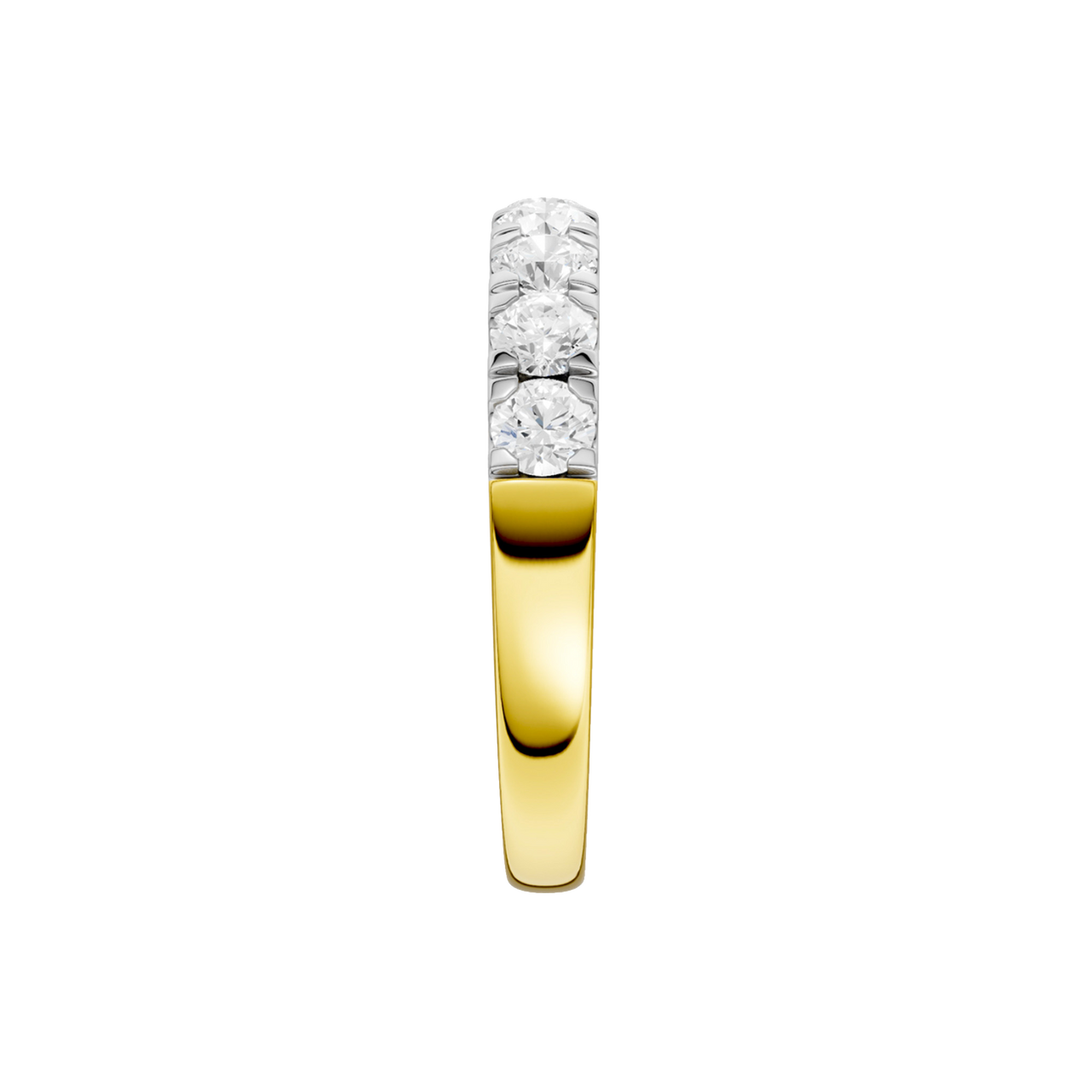 A side-profile view of a 14K yellow gold ring, showing the elevated setting of the diamonds.