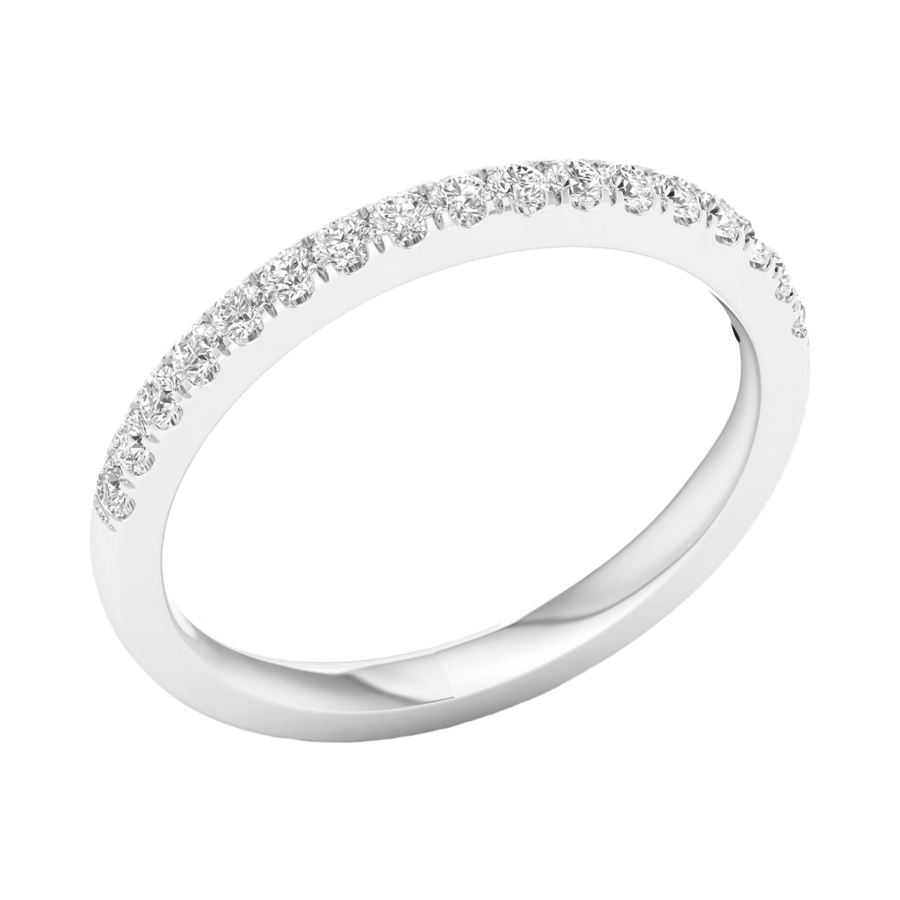 A refined 14k white gold half eternity ring showcasing a shimmering row of premium round-cut lab-grown diamonds for a sleek, monochromatic glow.