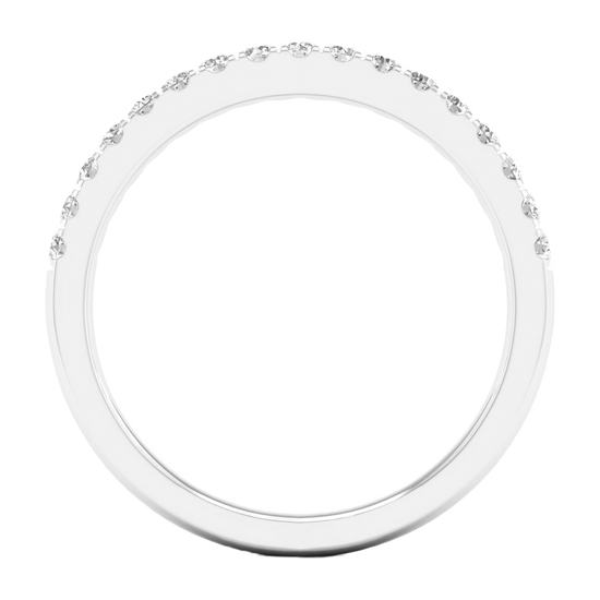A refined 14k white gold half eternity ring showcasing a shimmering row of premium round-cut lab-grown diamonds for a sleek, monochromatic glow.