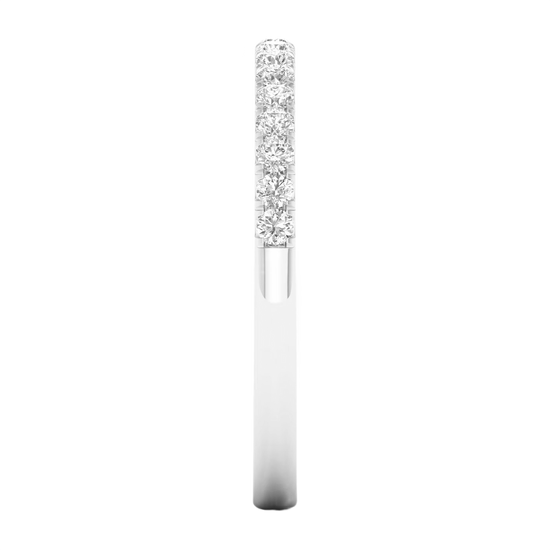 A refined 14k white gold half eternity ring showcasing a shimmering row of premium round-cut lab-grown diamonds for a sleek, monochromatic glow.