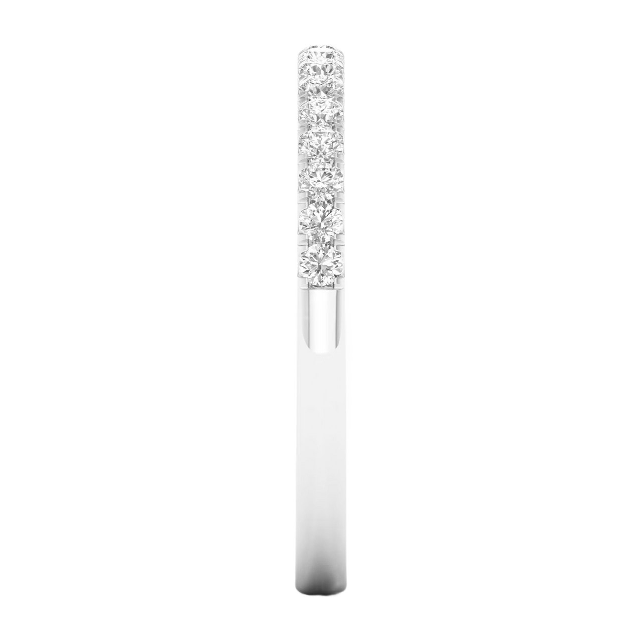 A refined 14k white gold half eternity ring showcasing a shimmering row of premium round-cut lab-grown diamonds for a sleek, monochromatic glow.