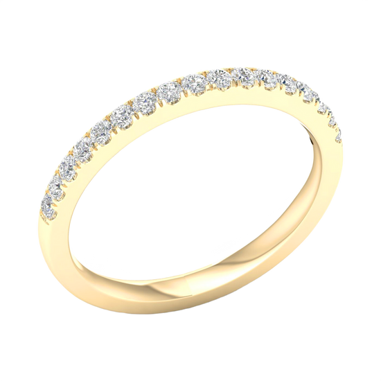 A delicate 14k yellow gold wedding band featuring 0.25 total carats of radiant round-cut lab-grown diamonds in a classic half eternity setting.