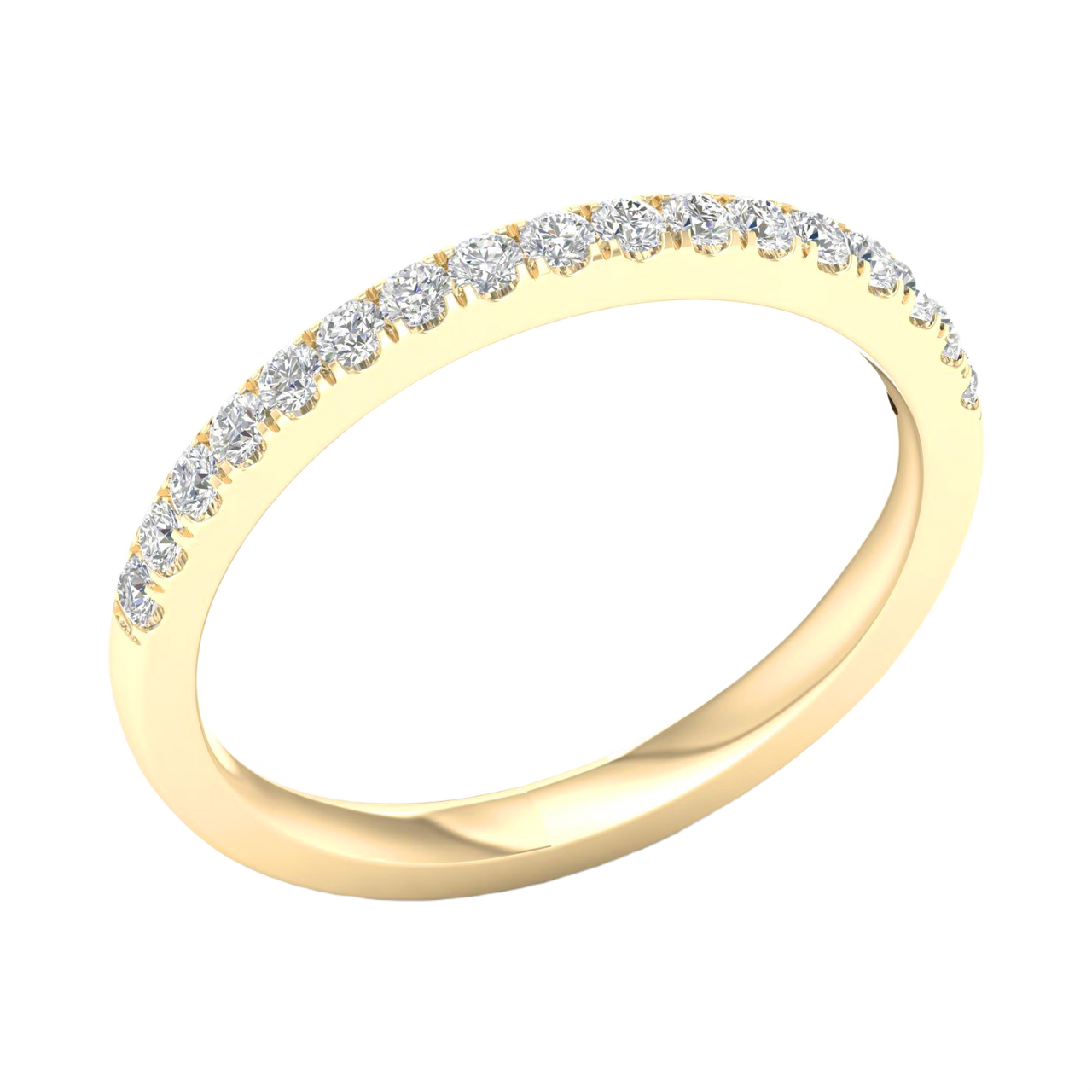 A delicate 14k yellow gold wedding band featuring 0.25 total carats of radiant round-cut lab-grown diamonds in a classic half eternity setting.