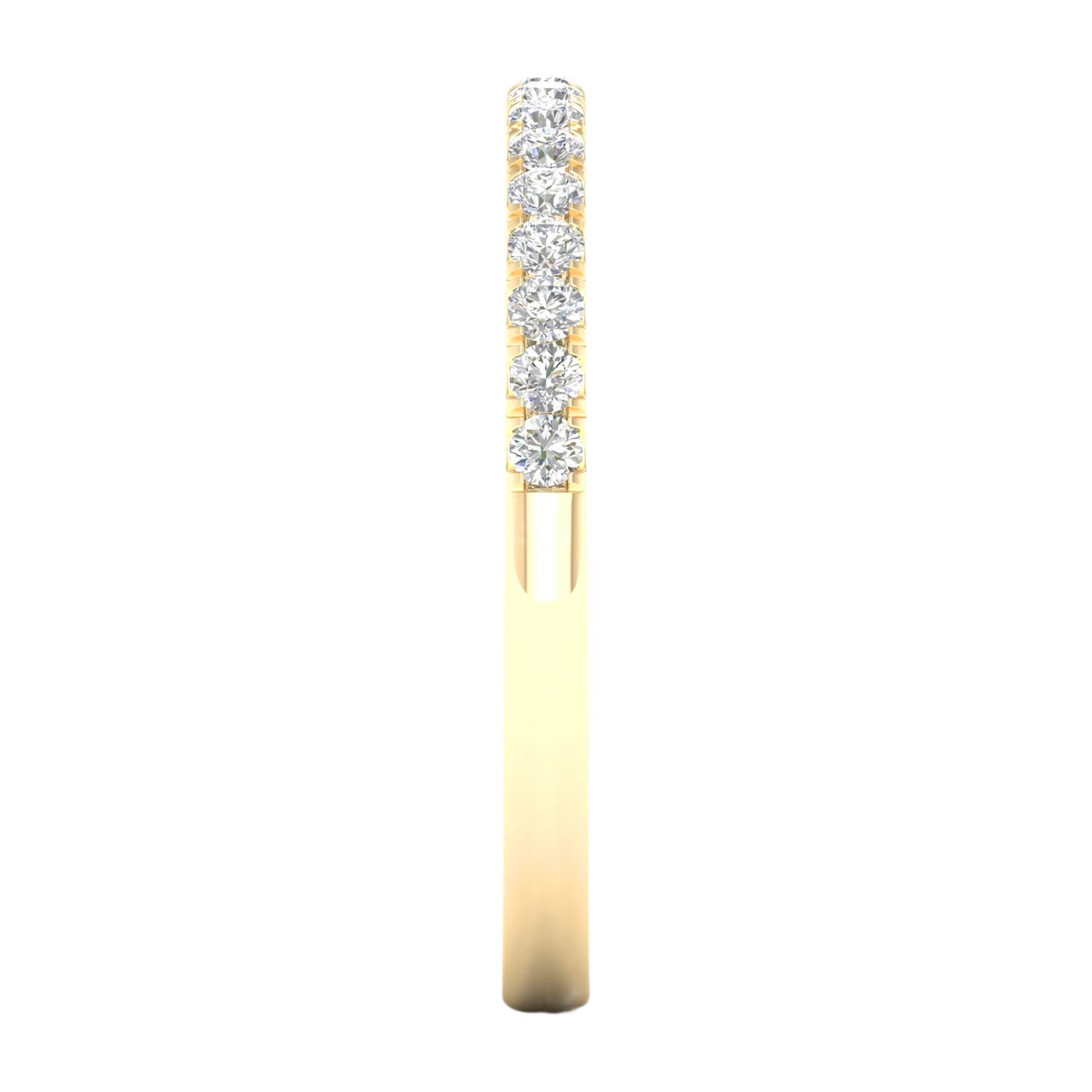 A delicate 14k yellow gold wedding band featuring 0.25 total carats of radiant round-cut lab-grown diamonds in a classic half eternity setting.