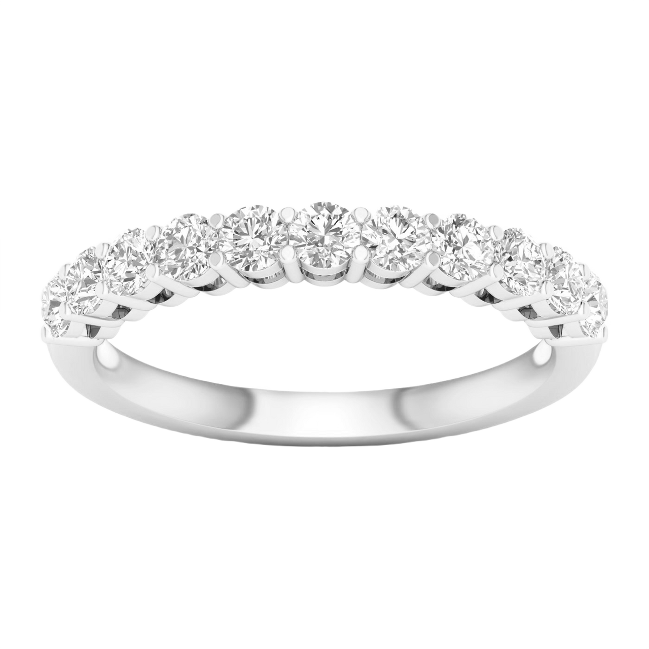 A brilliant 14k white gold half eternity ring showcasing a shimmering row of premium round-cut lab-grown diamonds.