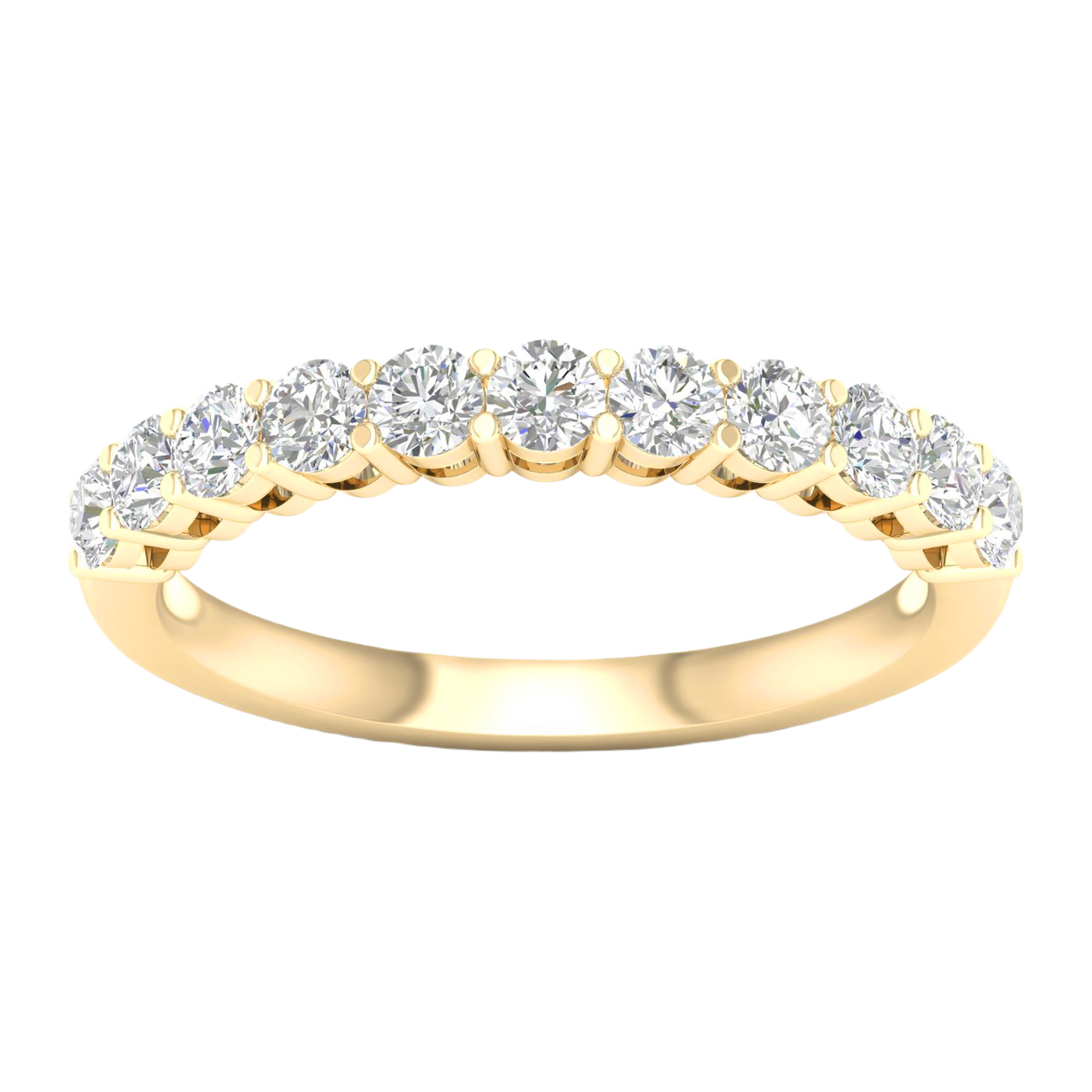 A sophisticated 14k yellow gold wedding band featuring 0.75 total carats of round-cut lab-grown diamonds in a classic half eternity setting.