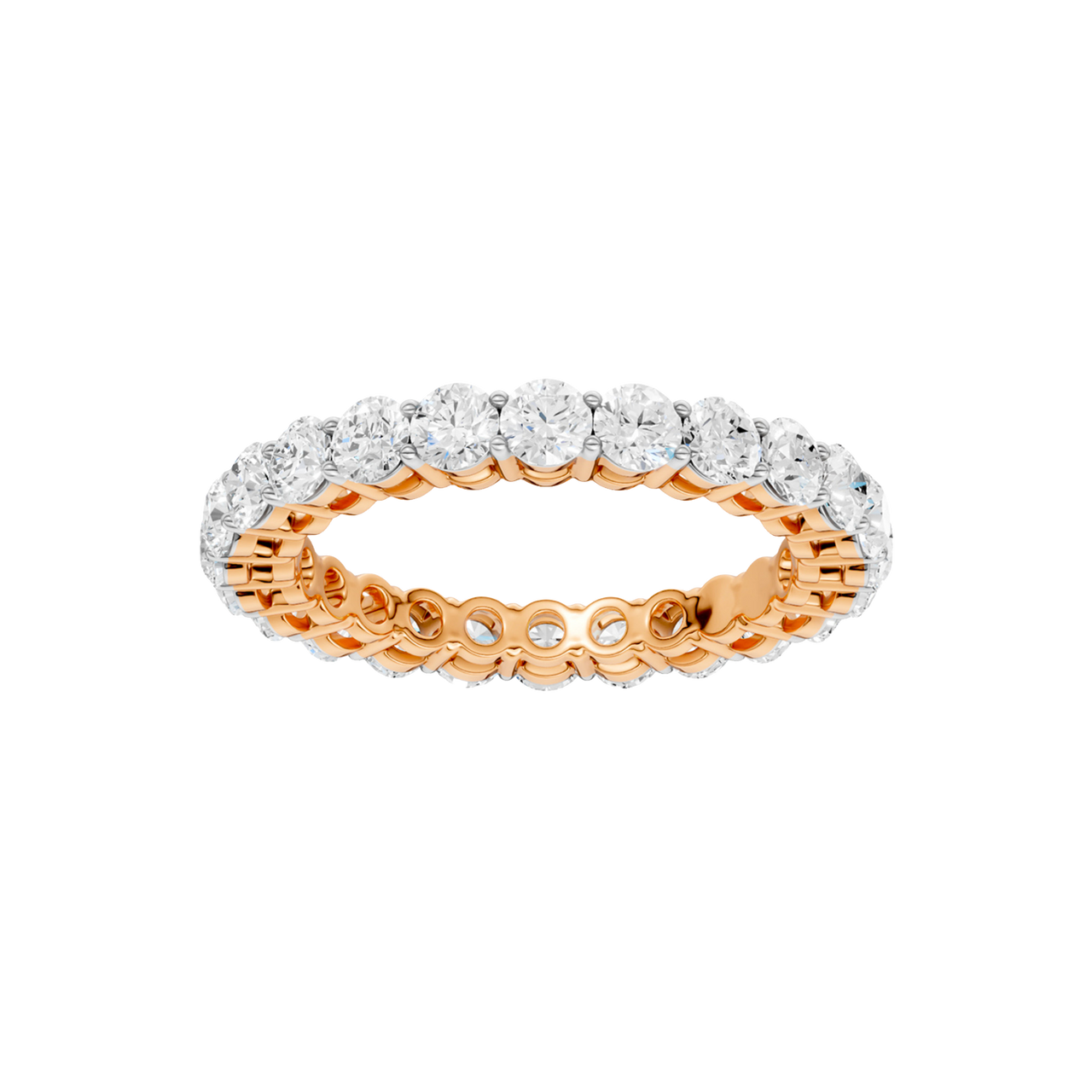 A top-down view of a 14K rose gold eternity band with a continuous line of brilliant oval jewels.