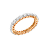 An angled view of a 14K rose gold eternity band, highlighting the continuous sparkle of the oval jewels.
