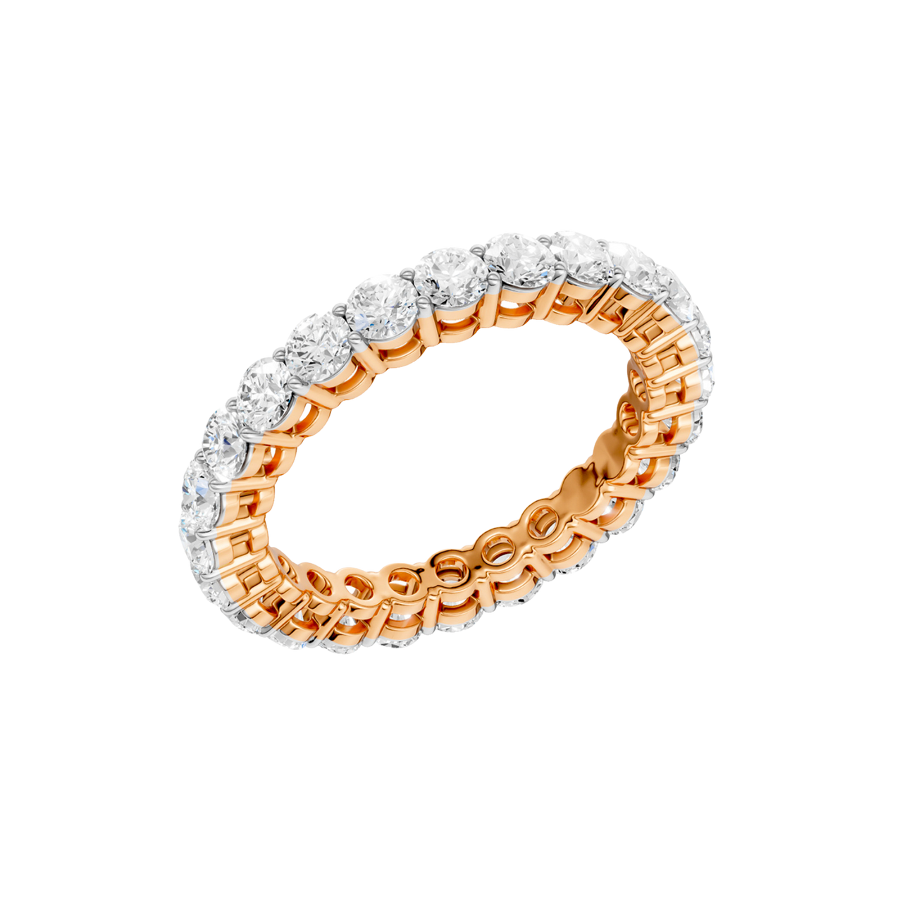 An angled view of a 14K rose gold eternity band, highlighting the continuous sparkle of the oval jewels.