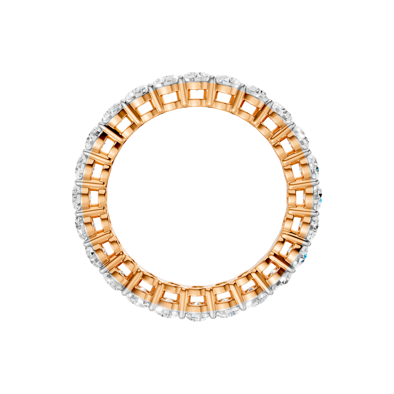 A  front-profile view of a 14K rose gold eternity band, showcasing the elevated settings of the oval jewels.