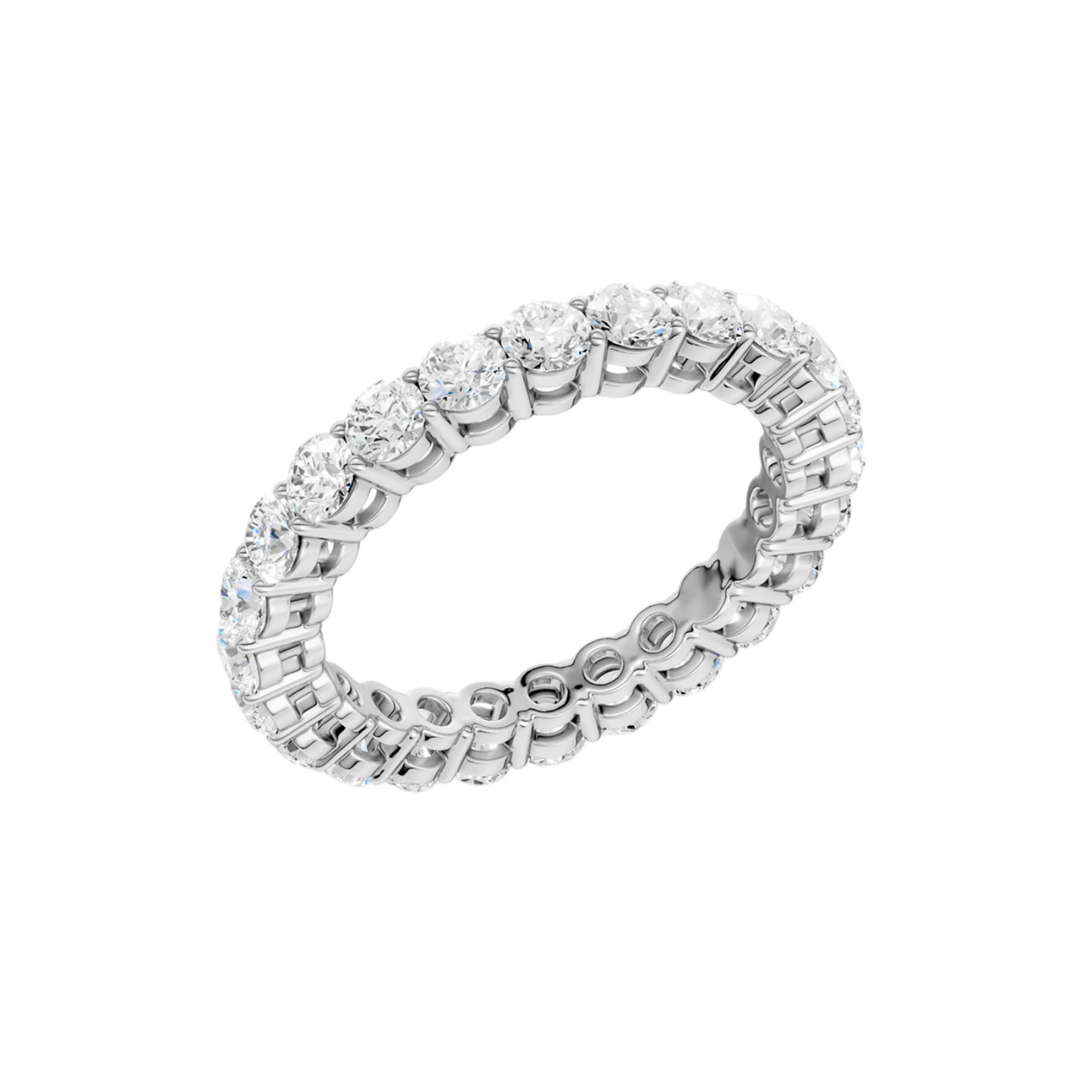 An angled view of a 14K white gold eternity band, highlighting the continuous sparkle of the oval jewels.