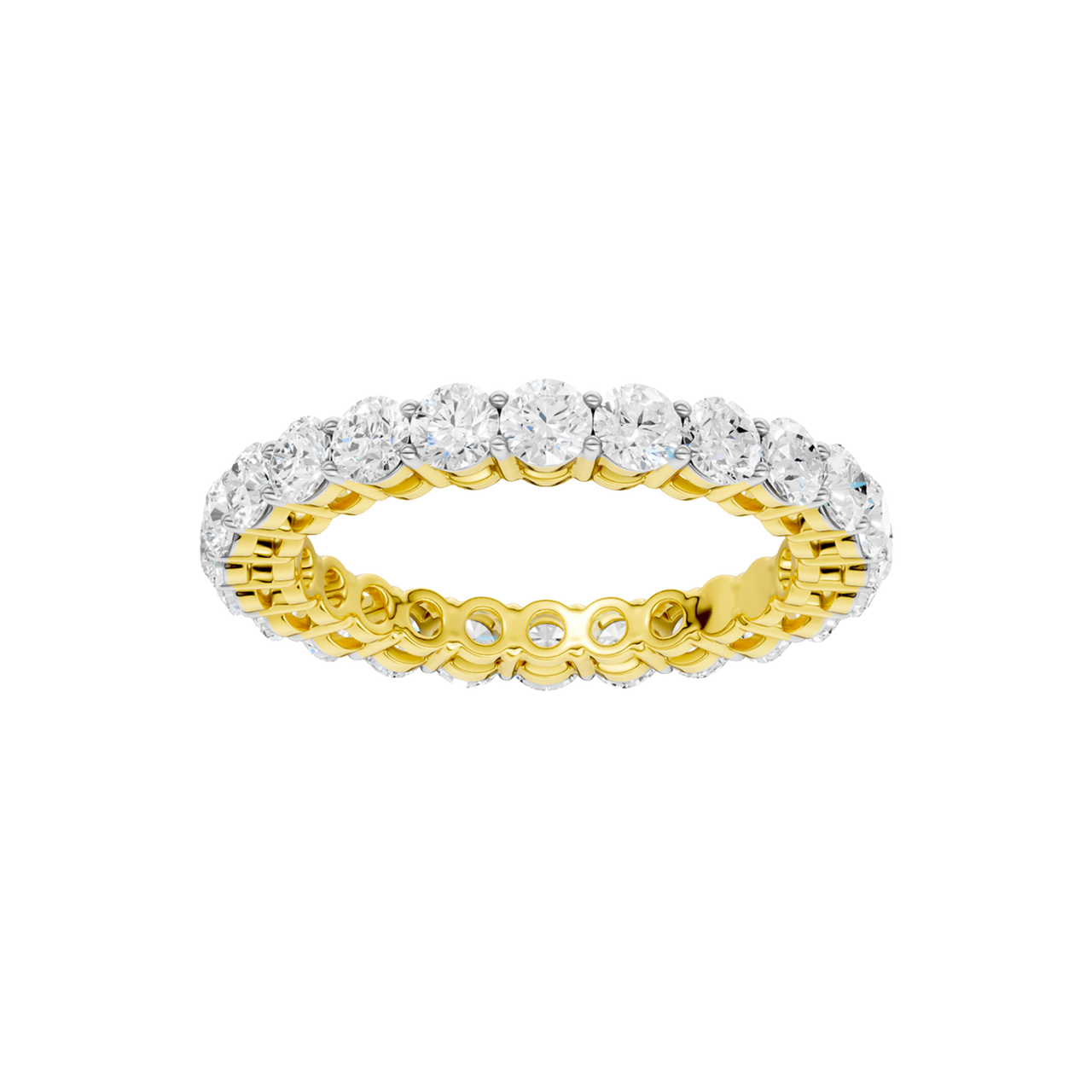 A top-down view of a 14K yellow gold eternity band with a continuous line of brilliant oval jewels.