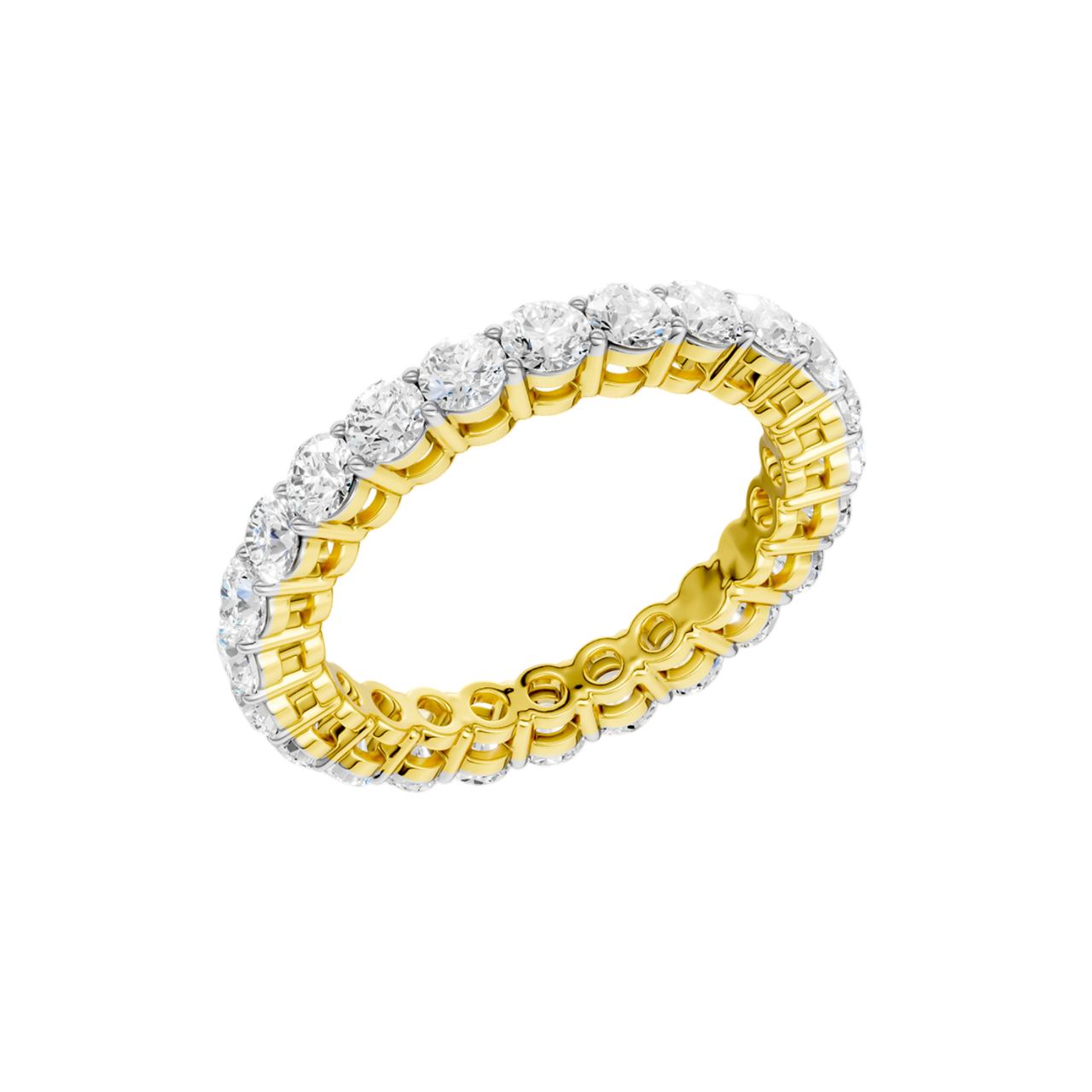 An angled view of a 14K yellow gold eternity band, highlighting the continuous sparkle of the oval jewels.