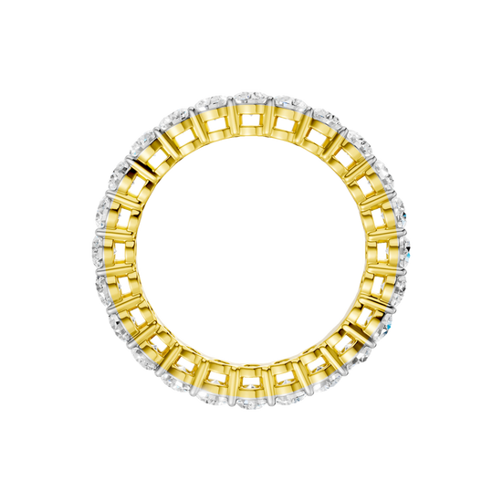 A  front-profile view of a 14K yellow gold eternity band, showcasing the elevated settings of the oval jewels.