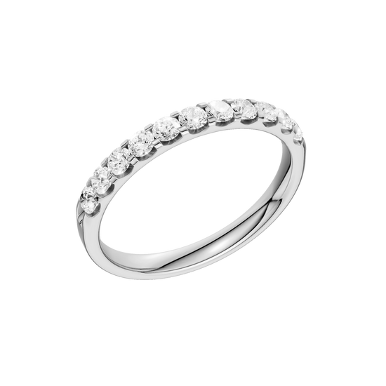 A slender 14k white gold half eternity ring showcasing a shimmering row of premium round-cut lab-grown diamonds.