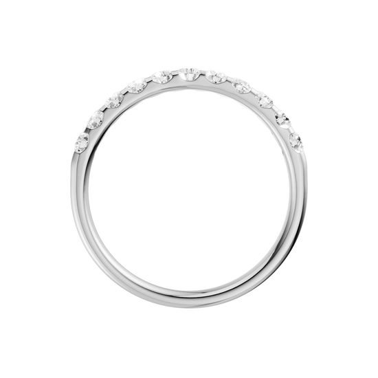 A slender 14k white gold half eternity ring showcasing a shimmering row of premium round-cut lab-grown diamonds.