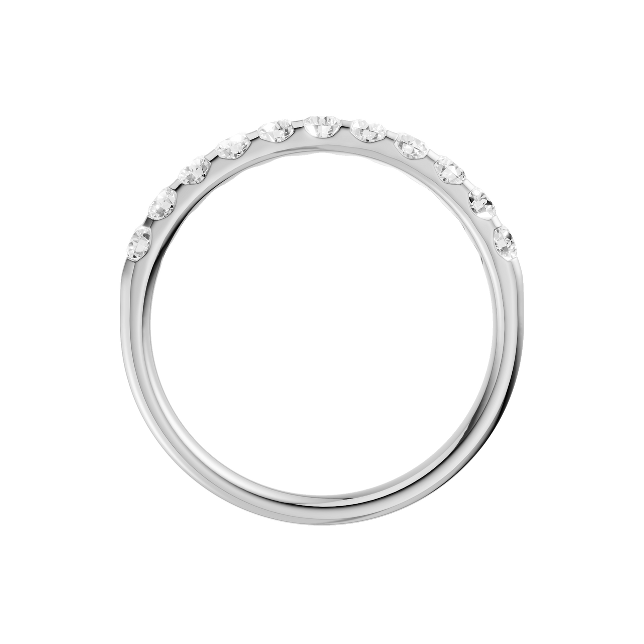 A slender 14k white gold half eternity ring showcasing a shimmering row of premium round-cut lab-grown diamonds.