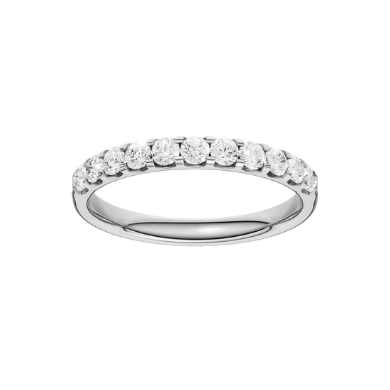 A slender 14k white gold half eternity ring showcasing a shimmering row of premium round-cut lab-grown diamonds.