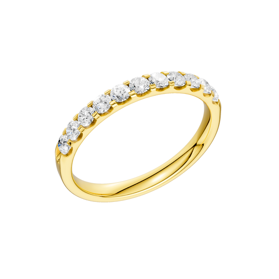 A dainty 14k yellow gold wedding band featuring 0.50 total carats of round-cut lab-grown diamonds in a classic half eternity setting.
