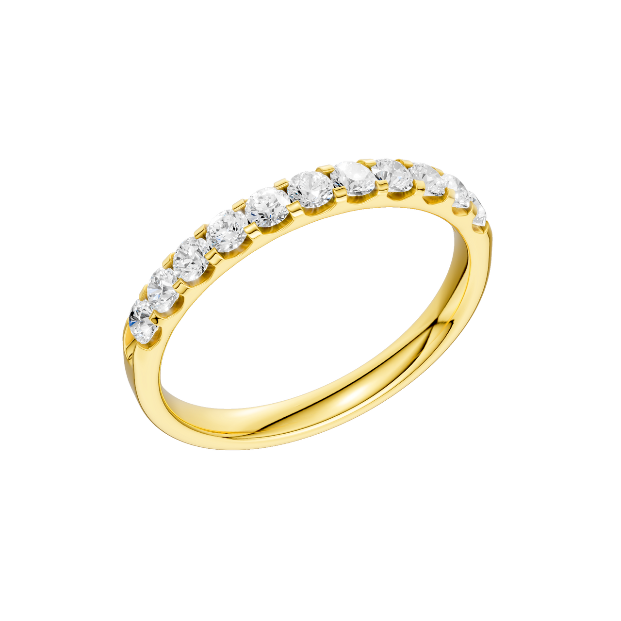 A dainty 14k yellow gold wedding band featuring 0.50 total carats of round-cut lab-grown diamonds in a classic half eternity setting.
