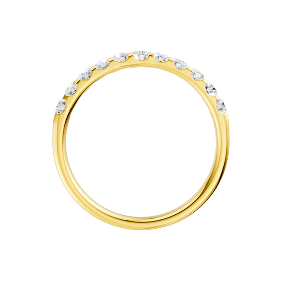 A dainty 14k yellow gold wedding band featuring 0.50 total carats of round-cut lab-grown diamonds in a classic half eternity setting.