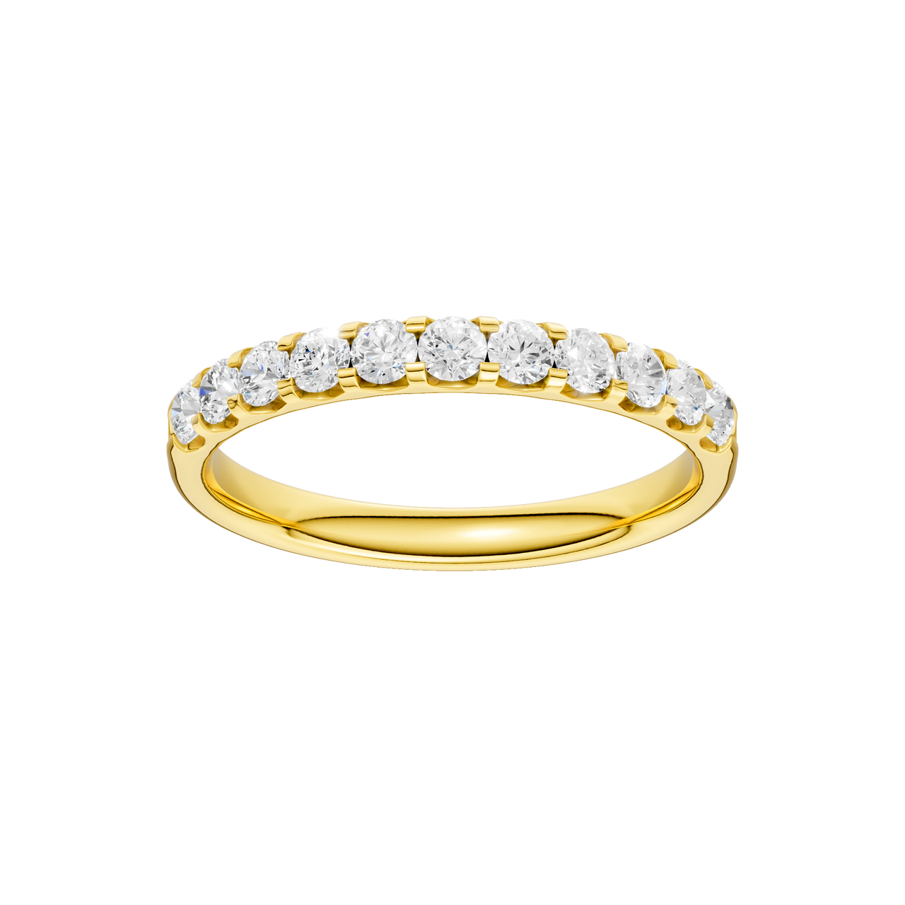 A dainty 14k yellow gold wedding band featuring 0.50 total carats of round-cut lab-grown diamonds in a classic half eternity setting.
