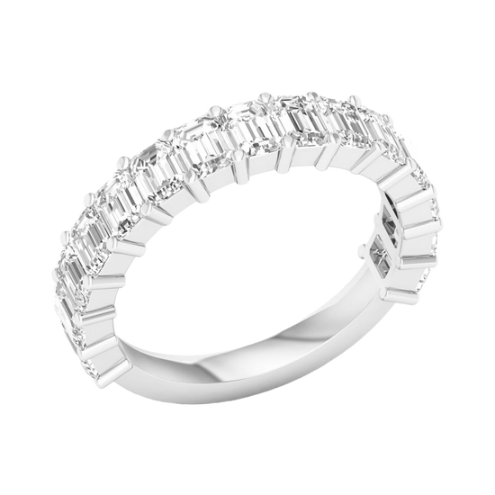 A luxurious 14k white gold anniversary band showcasing a continuous row of premium 3.0cttw emerald-cut diamonds for a sophisticated, icy glow.