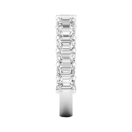 A luxurious 14k white gold anniversary band showcasing a continuous row of premium 3.0cttw emerald-cut diamonds for a sophisticated, icy glow.