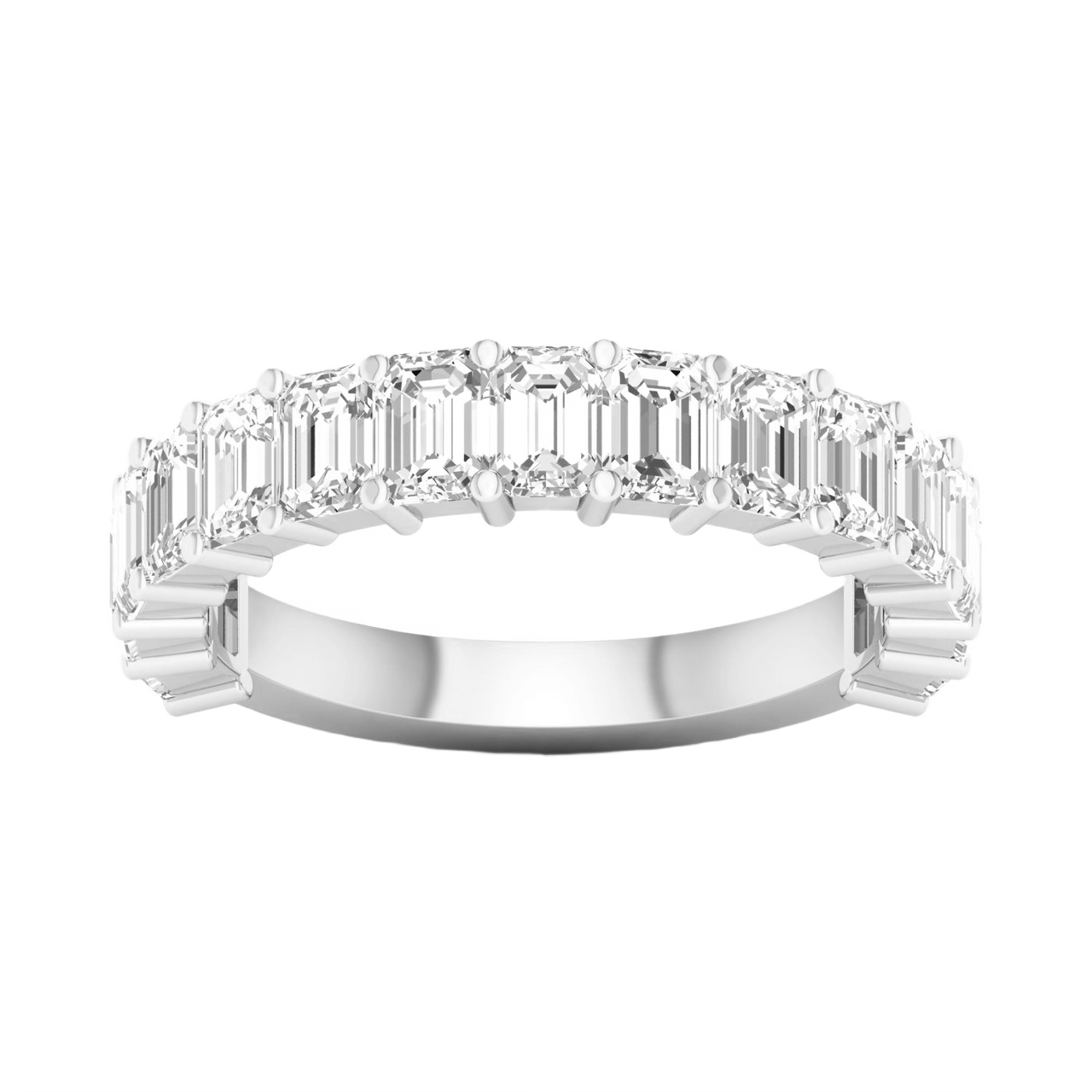 A luxurious 14k white gold anniversary band showcasing a continuous row of premium 3.0cttw emerald-cut diamonds for a sophisticated, icy glow.