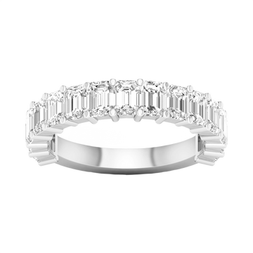 A luxurious 14k white gold anniversary band showcasing a continuous row of premium 3.0cttw emerald-cut diamonds for a sophisticated, icy glow.