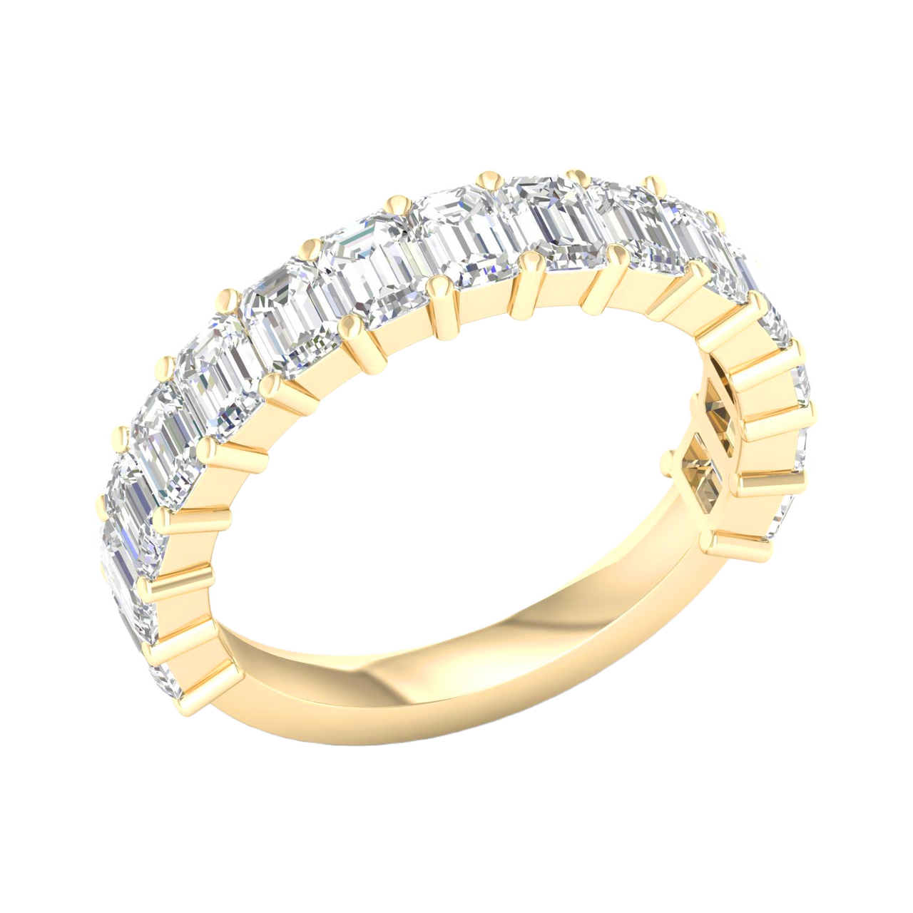 A breathtaking 14k yellow gold 2/3 eternity wedding band featuring 3.0 total carats of shimmering emerald-cut lab-grown diamonds.