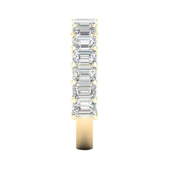 A breathtaking 14k yellow gold 2/3 eternity wedding band featuring 3.0 total carats of shimmering emerald-cut lab-grown diamonds.