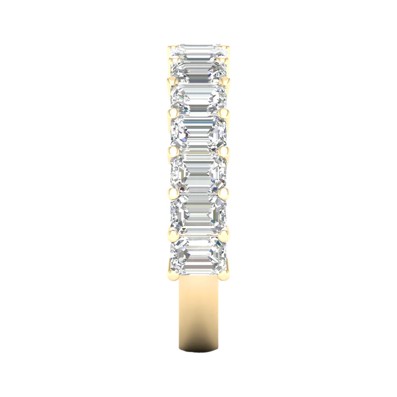 A breathtaking 14k yellow gold 2/3 eternity wedding band featuring 3.0 total carats of shimmering emerald-cut lab-grown diamonds.