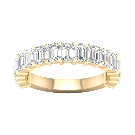 A breathtaking 14k yellow gold 2/3 eternity wedding band featuring 3.0 total carats of shimmering emerald-cut lab-grown diamonds.